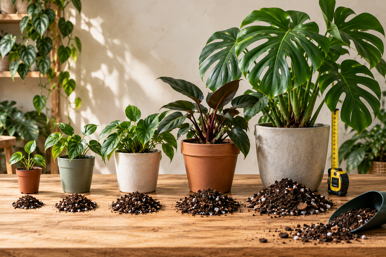 Different sized houseplants and pots showing how soil requirements increase with pot size