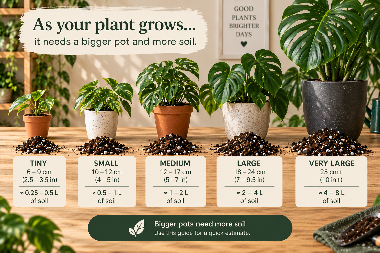 Visual plant pot size guide from tiny to very large
