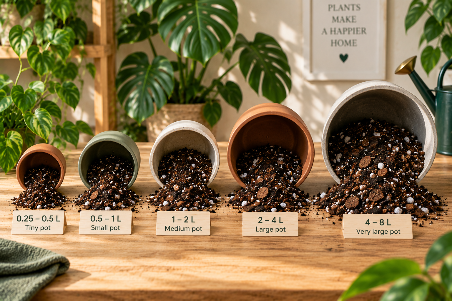 Visual guide showing different plant pot sizes and approximate soil quantities